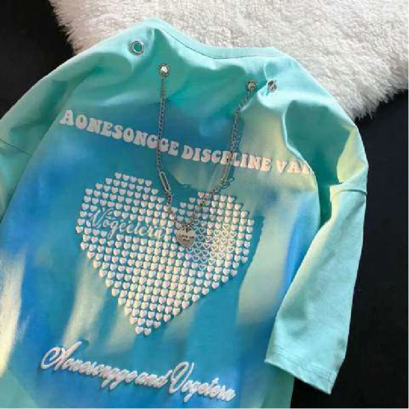 

Женская футболка с принтом сердечек, футболка с графическим принтом и ожерельем в Корейском стиле Харадзюку, Модный повседневный Свободный...