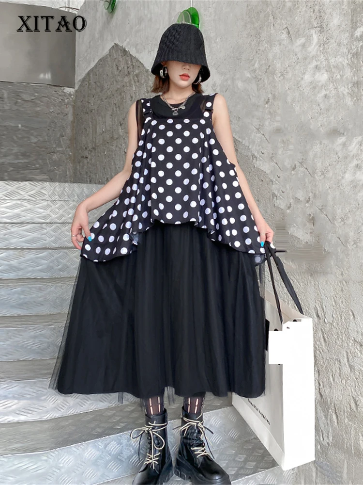 

XITAO/Сетчатое платье без рукавов; Сетчатое платье в стиле пэчворк; Повседневное свободное платье до середины икры в стиле Богини; WLD8656