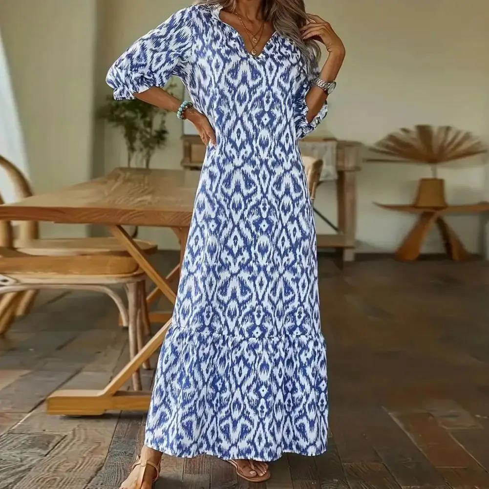 

Women Dress Stylish Women's V-neck Maxi Dress Colorful Print Patchwork Loose Fit Ankle Length for Spring Fall Women Printed