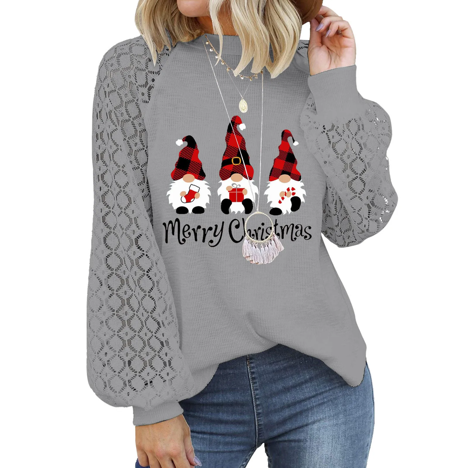 

Повседневная Туника для женщин, модные кружевные вязаные крючком Футболки с длинным рукавом и круглым вырезом, вязаный пуловер, свободная ж...