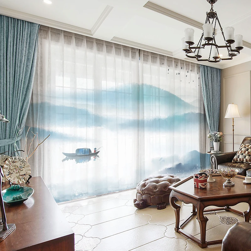 

Custom Chiffon Voile Sheer Curtain Window Tulle Drape for Bedroom Living Room Mountain Hills Water Boat Landscape White