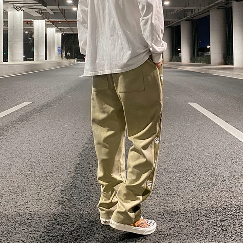 Hip Hop  Loose Trousers High Street Track Pants Suede Love Embroidered Letters Casual Pants Mens Straight Color Block Drawstring