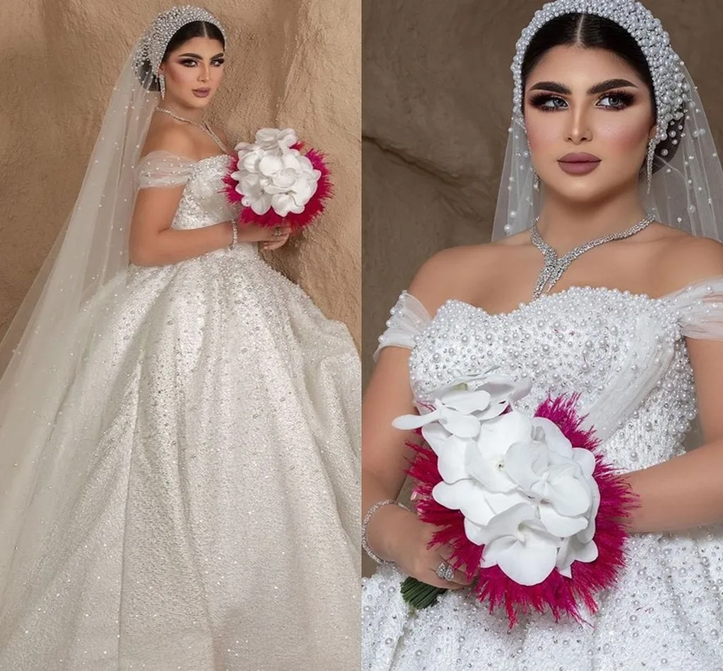 

Luxury Mermaid Wedding Dresses Pearls Beads Off Shoulder Sequin Bridal Gowns Arabic Dubai Vestidos De Noiva Robe Mariage