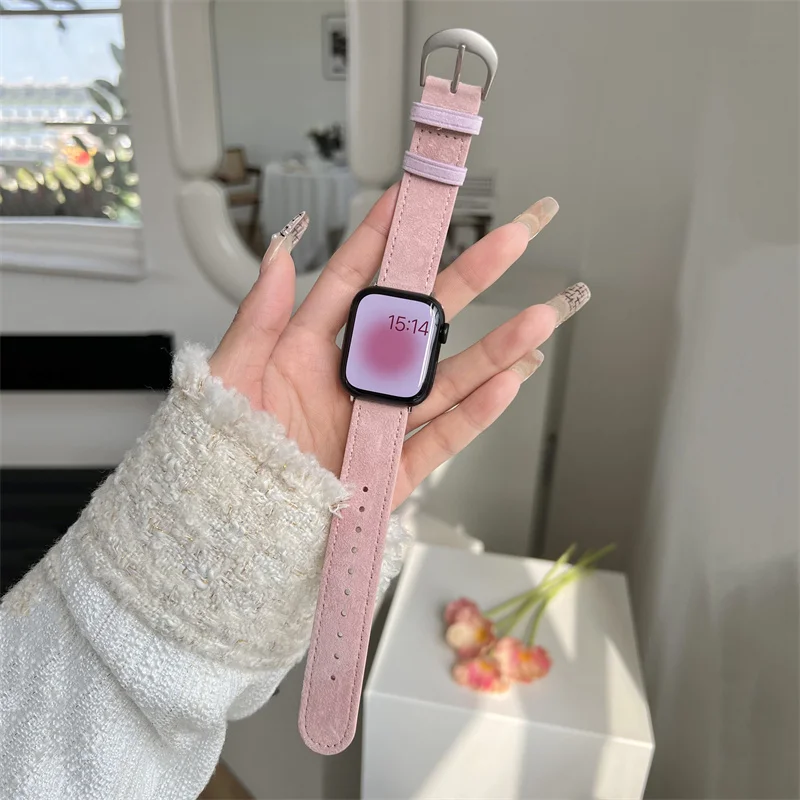 

For Apple Watch Band Series 8 7 6 5 4 3 SE Plush Leather Bracelet For Apple Watch 49mm 45mm 41mm 44mm 40mm 42mm 38mm Retro Strap