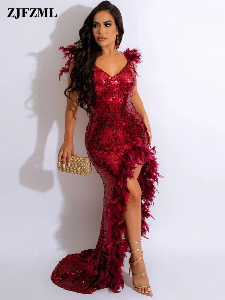

Женское коктейльное платье с блестками и перьями, привлекательное модное платье с глубоким V-образным вырезом на бретелях-спагетти, платье ...