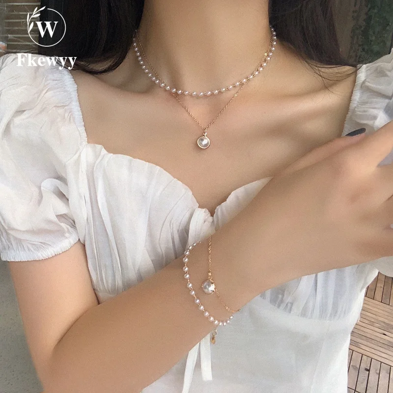 

Fkewyy 2022 New Girls Niche Ins Retro Pearl Necklace Bracelet Double Clavicle Chain Light Luxury Party Gift Set Decorations
