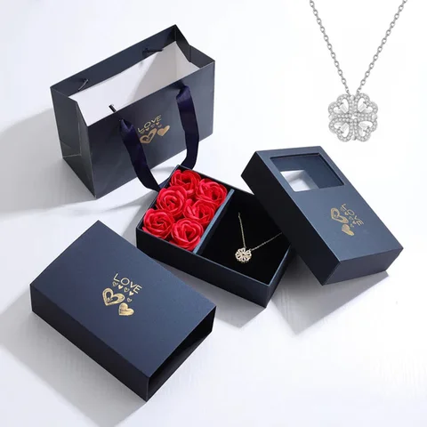 6 Роза коробка магнитное складное сердце четырехлистный клевер кулон ожерелье для женщин Подруга Подарок на годовщину День святого Валентина