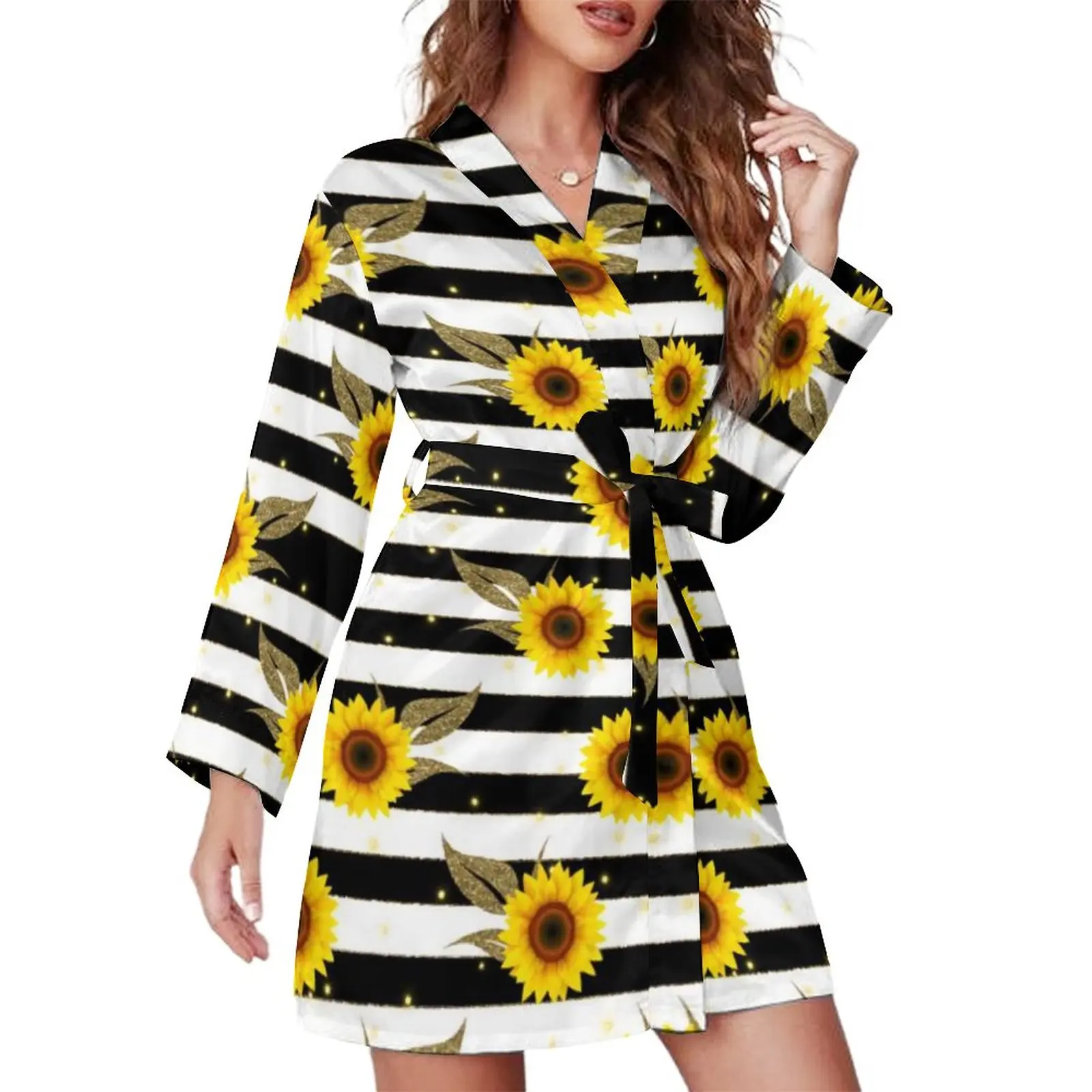 

Sunflower Print Pajama Robe V Neck Black and White Stripes Printed Sleepwear Lady Long Sleeve Kawaii Pajamas Robes Bedroom Dress
