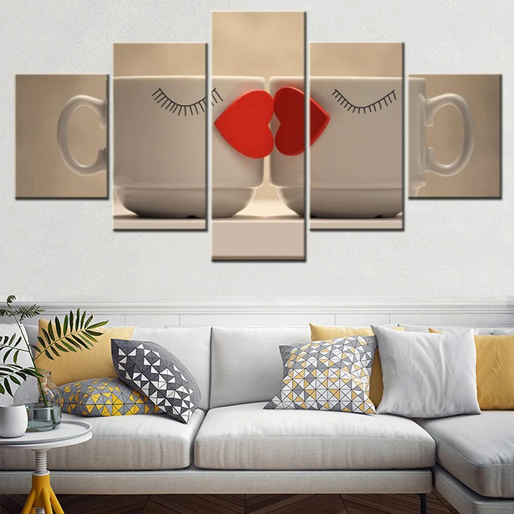 

5 Pieces Canvas Art Love Coffee Cups Poster Wallpaper Painting Living Room Picture Print Bedroom Mural Home Decoration Artwork
