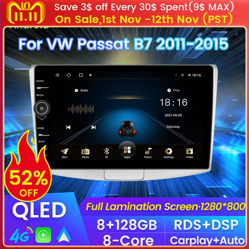 

QLED 8G+128G Android 11 4G LTE RDS Car Radio Multimedia Video Player For VW Volkswagen Passat B7 B6 2010-2015 Magotan CC DSP
