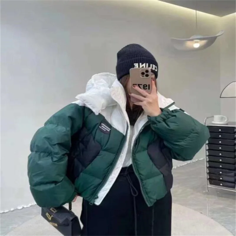 

Women'S Down Jackets Winter European Loose Short White Duck Down Coats Warm Thicken Contrasting Color Patchwork Bread Clothe New
