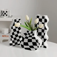 light luxury black and white geometry checkered living room flower arrangement ceramic vase dining table nordic decoration home