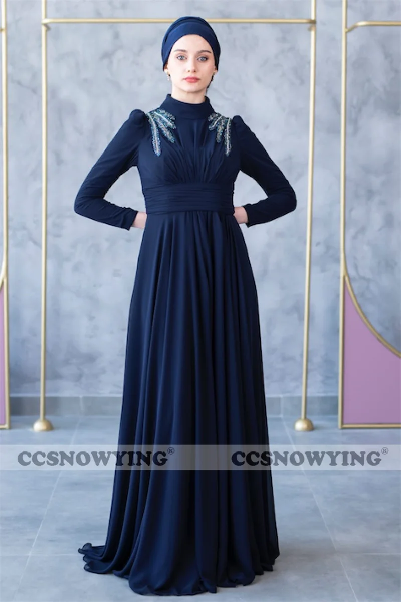 

Женское шифоновое вечернее платье с бусинами, длинным рукавом и высоким воротом