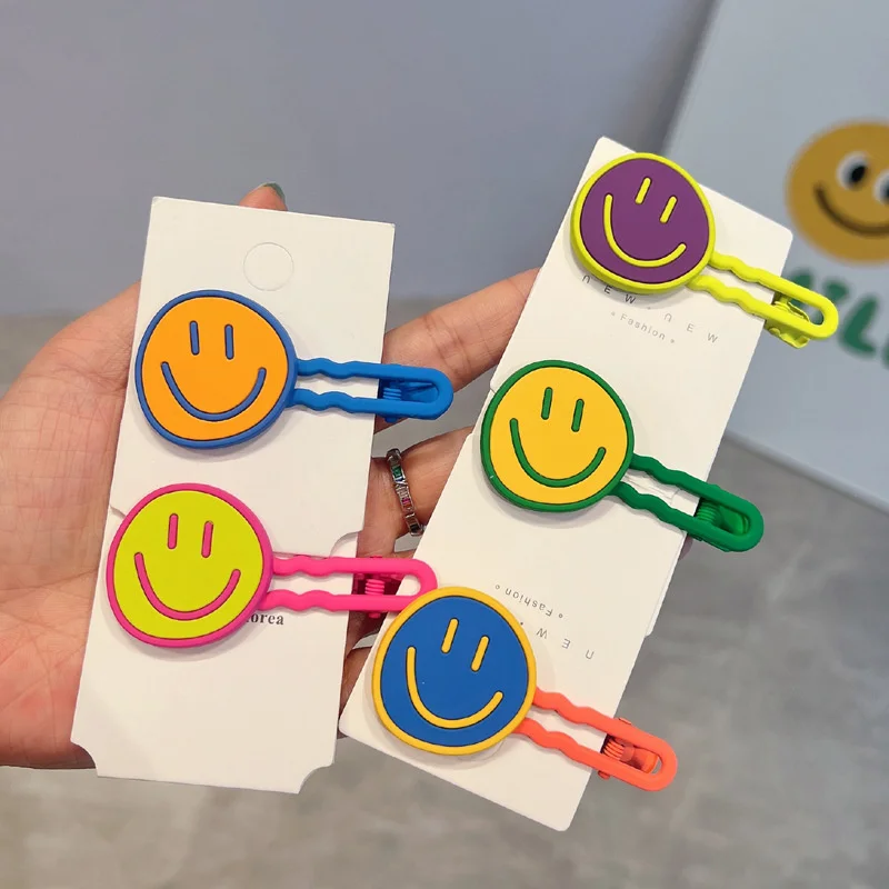 2022 Summer New Fluorescent Alloy Smiling Face Hair Clip For Girl Women's Cute Kawaii Color Round Hairpin Fashion Accessories