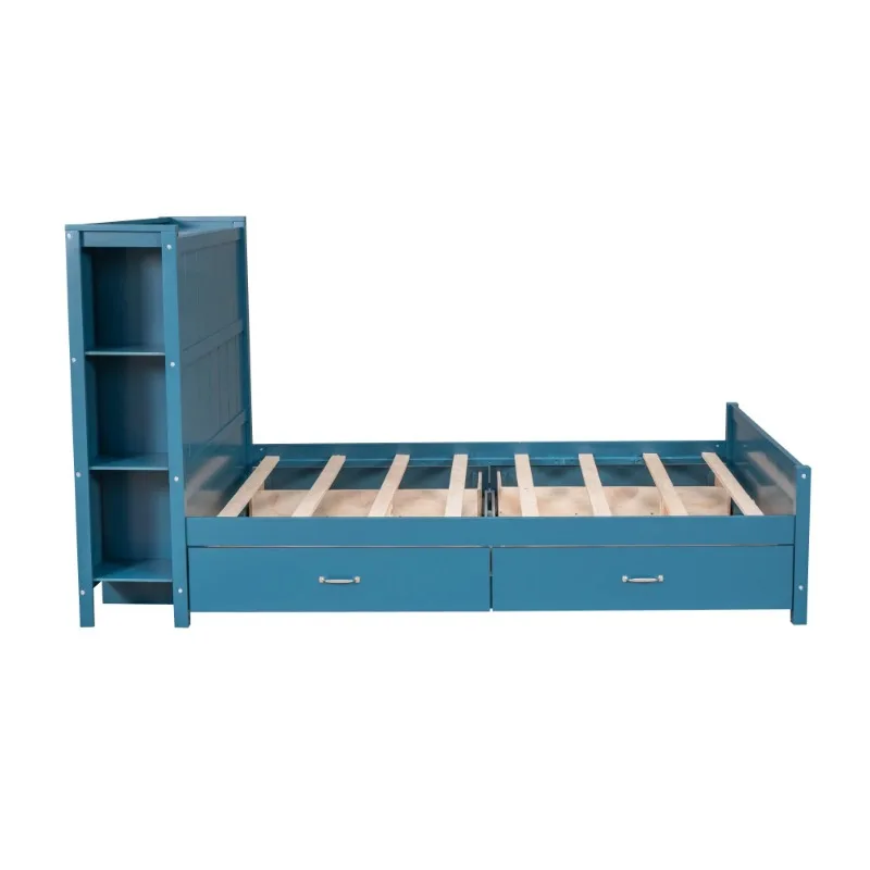 Wood Full Platform Bed with Storage Headboard Shelf and Drawers for Room, Blue 4