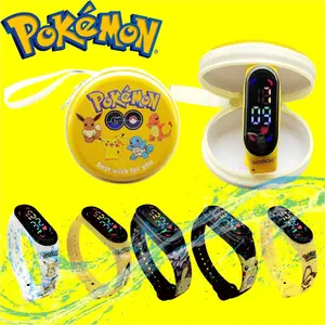 Imported Pokemon Digital Watch Anime Pikachu Squirtle Eevee Student Silicone Kids LED Watch Toys Children's C