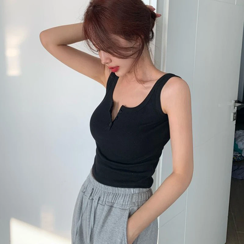

Women Solid Basic Button Sleeveless French Camisole Sexy Vest Leisure All-matc Crop Tops Camis Tank Tops