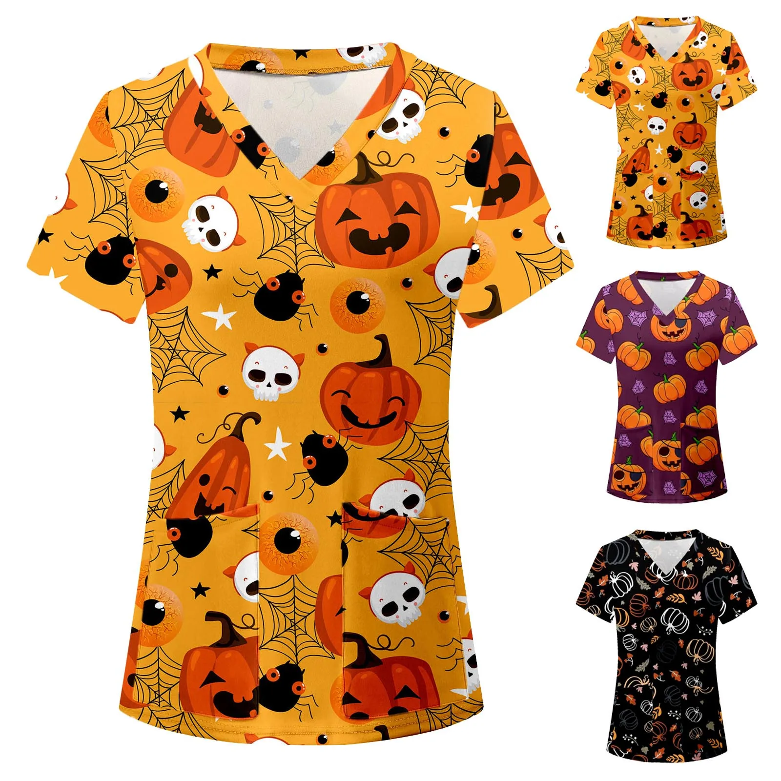 

Женский Повседневный свитер с V-образным вырезом и принтом на Хэллоуин, женская футболка из вискозы, однотонные женские Костюмные Топы с кор...