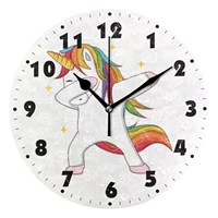 cartoon unicorn print round wall clock silent hanging watch non ticking battery operated wall decor creative quiet desk clock