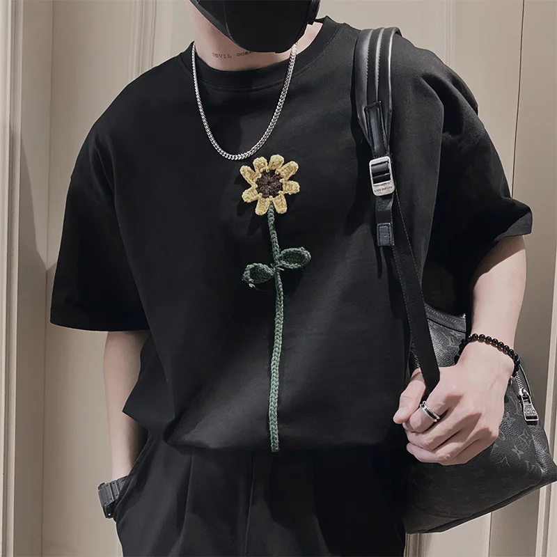 

Summer Sun Flower Decorative Pattern Short Sleeve T Shirt Men Vintage O-neck Tops Tees Streetwear Casual Funny T Shirt