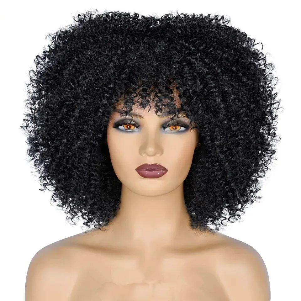 

Кудрявые Парики для черных женщин, черный афро-бомбинный кудрявый парик с челкой, синтетическое волокно, без клея, длинные кудрявые вьющиеся волосы
