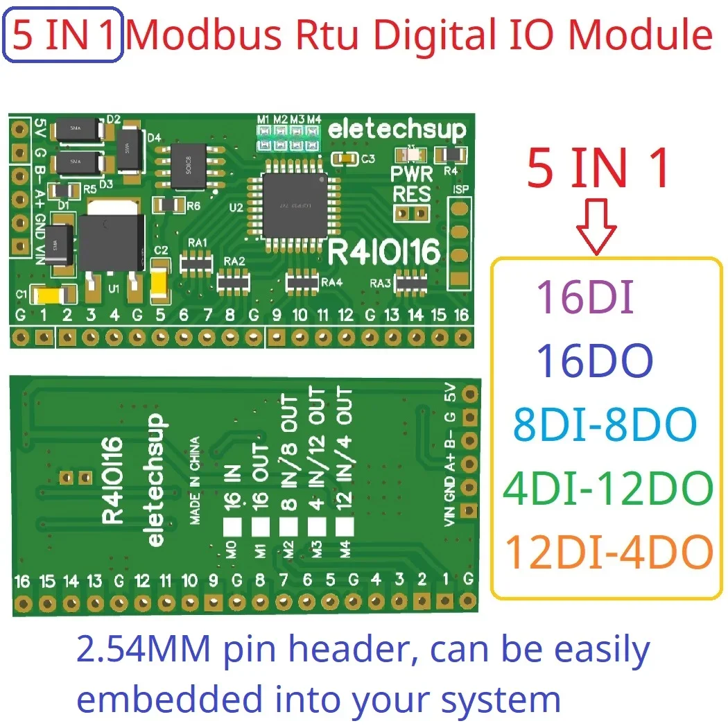 16 каналов 5 в 1 Modbus Rtu Цифровой модуль ввода-вывода RS485 NPN PNP DI-DO Pin Core Плата