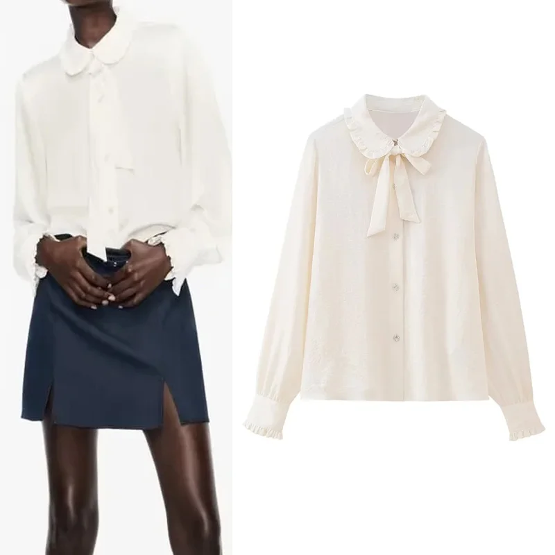 

TRAF Women's Fashion Blouse 2023 Fine Ruffled Lapel Shirts Woman Autumn Long Sleeves Blusas Para Mujer Female Button-Up Shirt