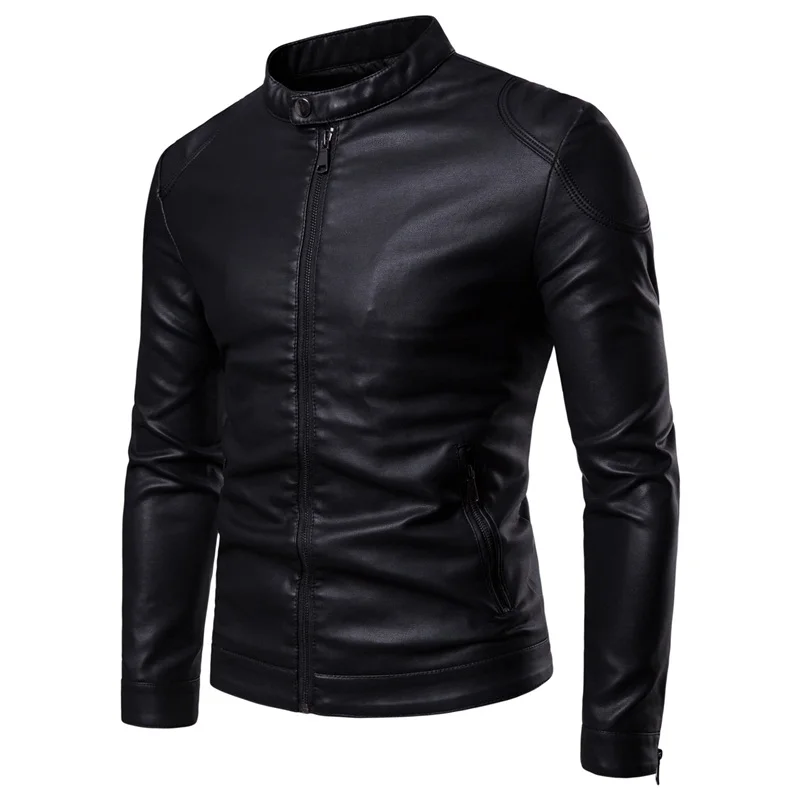 

Leather Jacket Autumn and Winter New Men's Pure Color Stand Collar Plus-size Slim Fit Men Leather Jacket