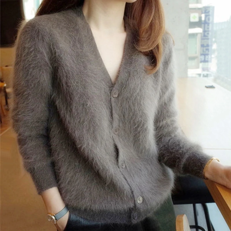 

2023 Women Mink Cashmere Cardigans New Button Sweaters Korean White Crop Knitted Coat Woman Tricot Short Black Sweaters Female