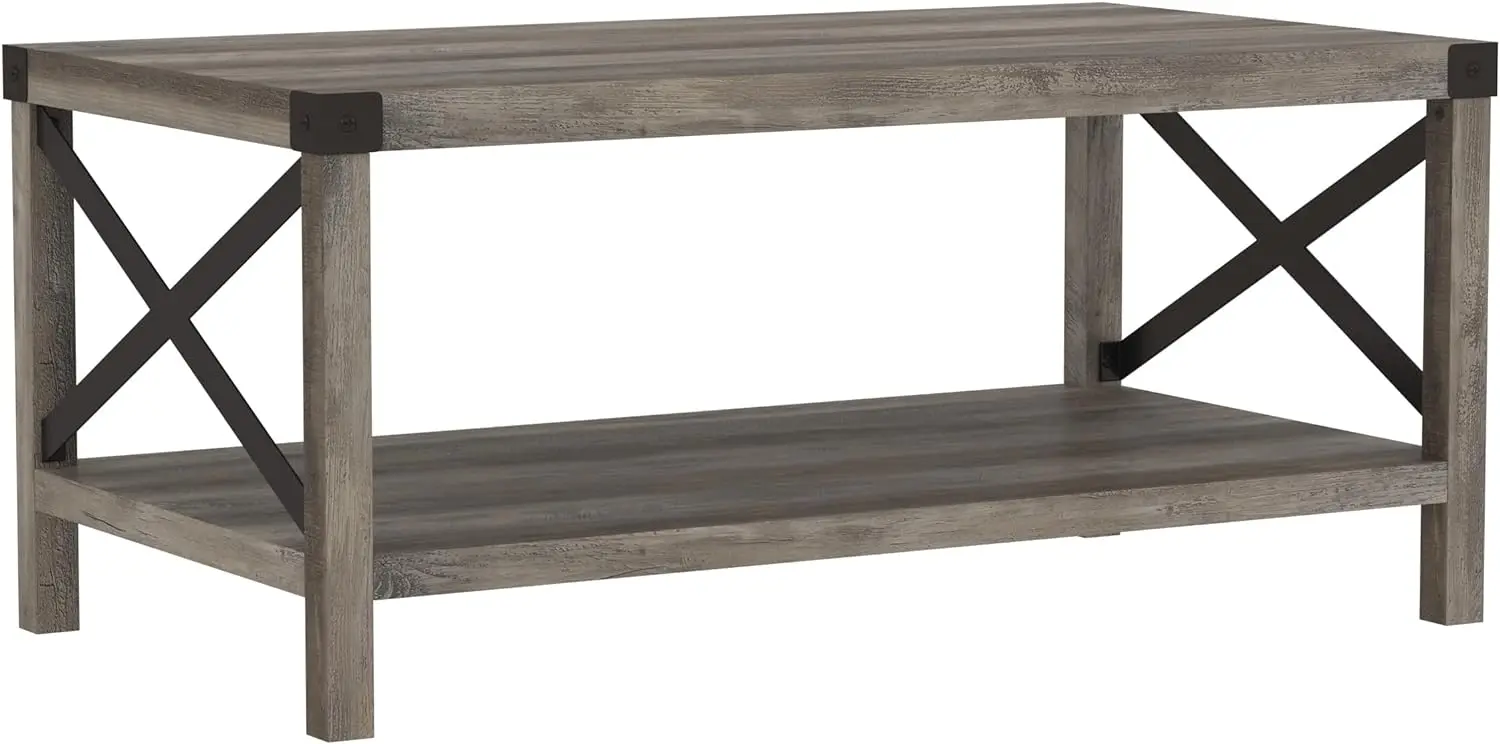 

Modern Farmhouse Metal X Coffee Table, 40 Inch, Grey Wash