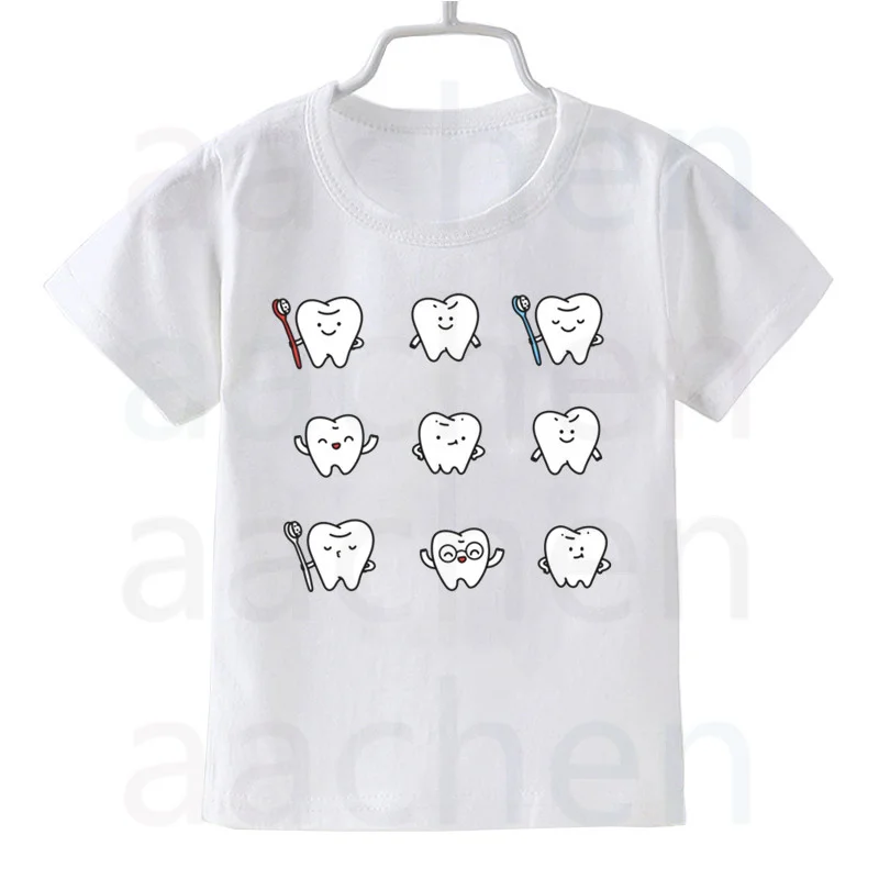 

Tooth Dentist Cartoon Print Baby Girls Tshirt Boy Summer Short-Sleeved Kids Children's Fashion Tops Boys Summer Casual White Tee
