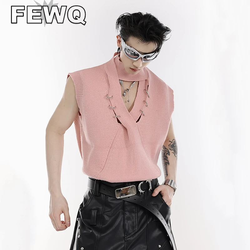

FEWQ Niche Men's Vests Deconstructed Hollowed Out Knit Tank Top Metal Loop Buckle Design Sleeveless T-shirt Summer Trend 9C994
