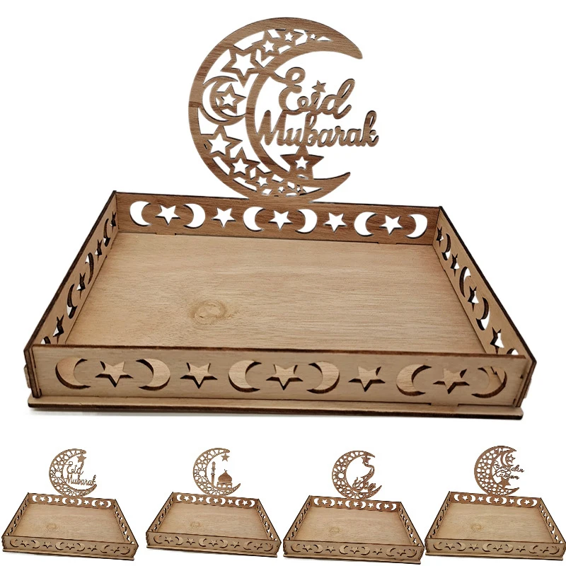

Wooden Eid Mubarak Food Tray Ramadan Decoration for Home Dessert Cake Display Islam Muslim Party Table Decor 2023 Eid Al Adha