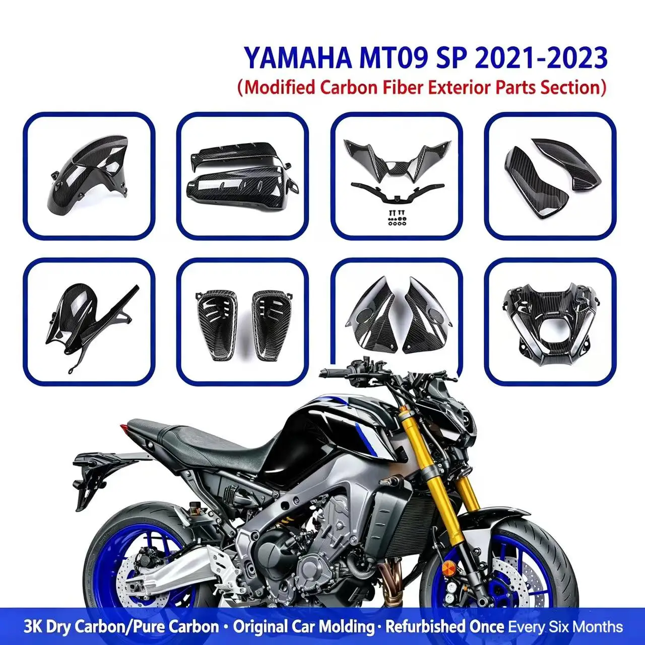 Фото Подходит для мотоцикла Yamaha MT09 SP 2021-2023: модифицированный карбоновый обтекатель, аксессуары, крыло, фиксированное ветровое крыло. №1