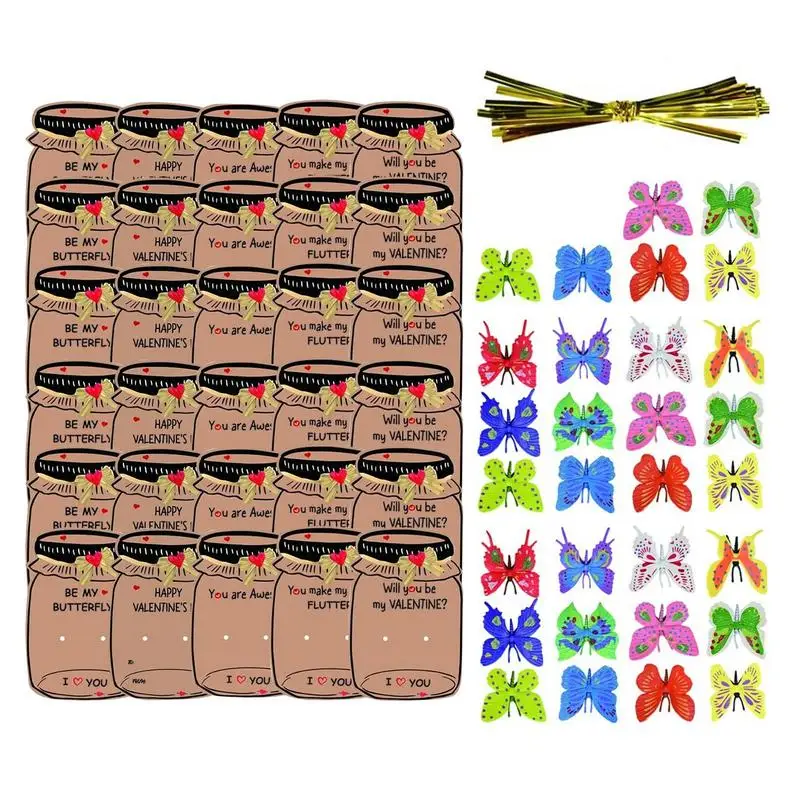 

Набор подарочных открыток на День святого Валентина, Детские поздравительные открытки «сделай сам» с резиновыми бабочками и проволочными завязками, классные подарочные открытки для обмена