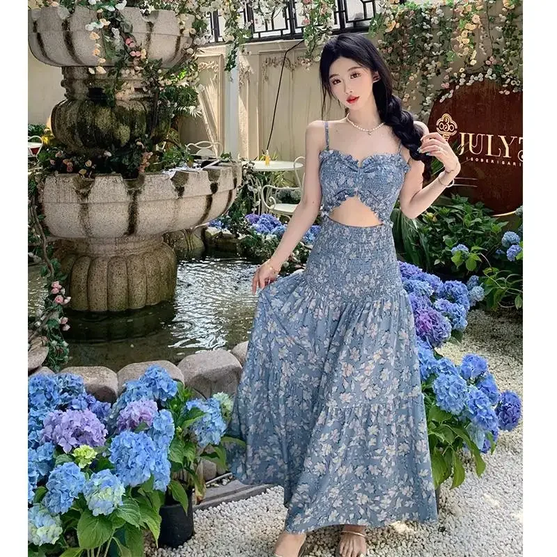 Женское летнее длинное платье без бретелек во французском стиле с открытым