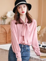 solid red women shirt breasted bow tie neck summer blouses office ladies long sleeve elegant women blouses button up tops 2022