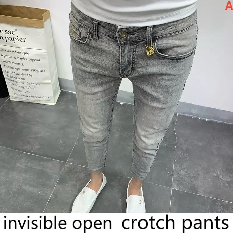 Open-Crotch Pants Gray Jeans Men's 2021 New Autumn Retro Slim Fit Skinny Invisible Zipper Skinny Jeans Men  Bell Bottom Jeans