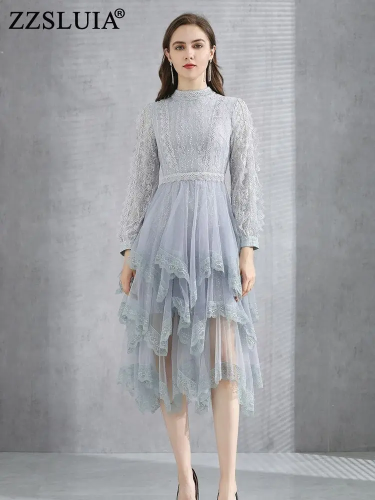 

ZZSLUIA Elegant Dresses For Women Sequined Lace Designer Slim Irregular Dress Fashion Long Sleeve Layer Ruffles Prom Midi Dress