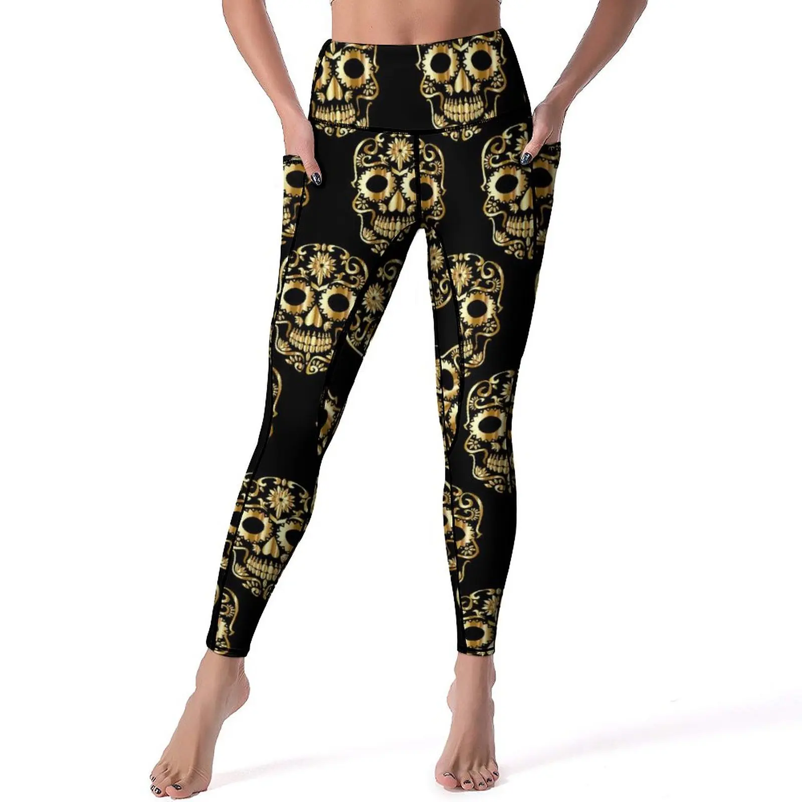 

Gold Sugar Skull Leggings Abstract Skulls Gym Yoga Pants Push Up Quick-Dry Sport Legging With Pockets Novelty Design Leggins