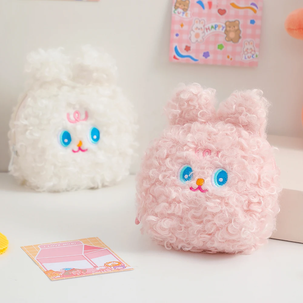 

Women Zipper Rabbit Cosmetic Cases Cute Half-round Flannel Sanitary Napkin Storage Bag Girls Data Cable Bag Soft Toiletry Pouch