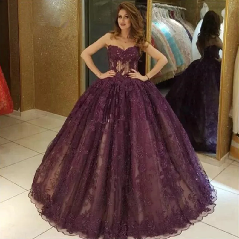 

Purlle Vintage Ball Gown Quinceanera Dresses Off Shoulder Appliqued Vestidos De 15 Anos Sweet 16 Prom