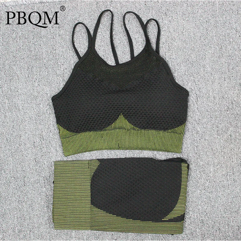 

PBQM 2022 Summer Seamless Linen Yoga Suit Knitted Yoga Vest Hip Lifting Elastic Yoga Pants Two Piece Sport Wear Set Gym Women