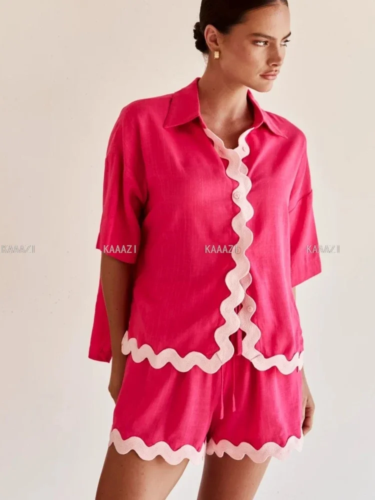 Повседневная Женская рубашка с коротким рукавом топ костюмы летние шорты