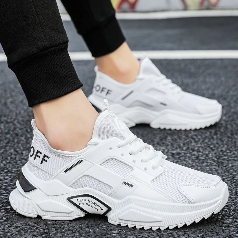 

White Men's Shoes New Mesh Thickened Casual Sports Shoes Boys Lace-up Vulcanized Shoes Comfortable Dad Shoes Men's Thick Bottom