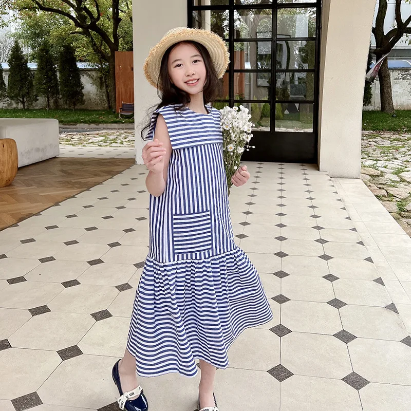

2022 Summer New Girls Striped Dress Fashion Children Sleeveless Vest Clothing Kids Elegant Long Style Dresses A064