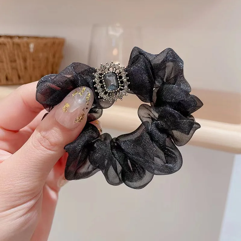 

Light Luxury Pearl Gauze Rhinestone Hair Ring Lady Style Wild High-Quality Texture Temperament Rope Organza Fine Accessories