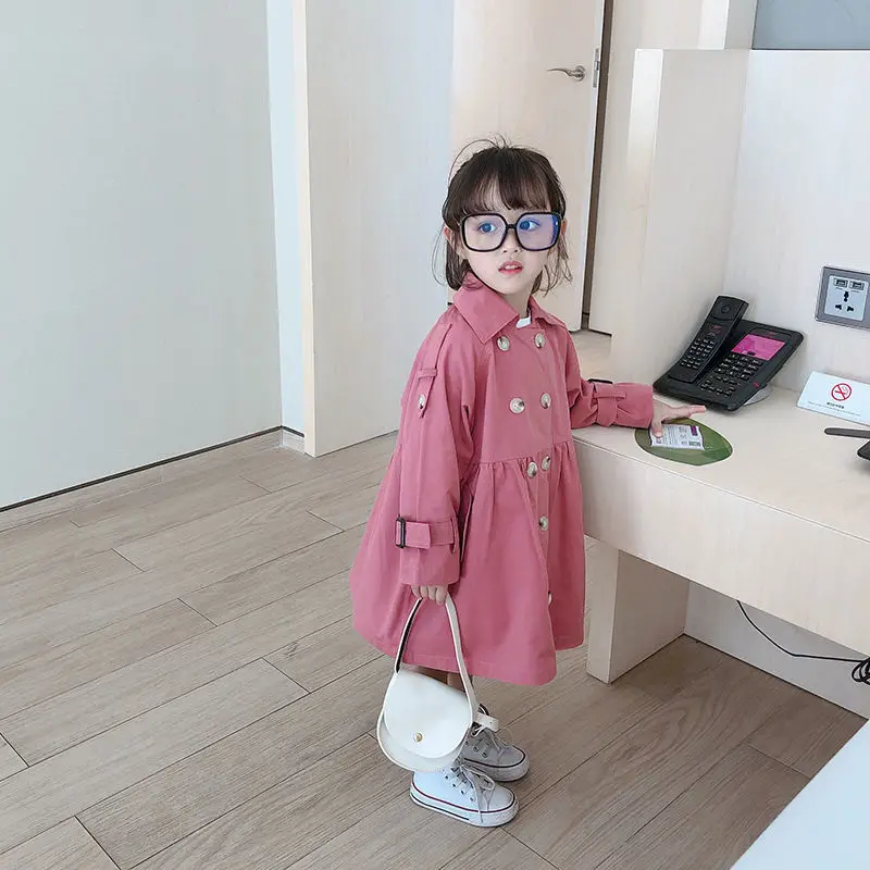 RiniLucia Autumn Winter Girls Trench Coat Teenage Long Sleeve Solid Trench Jacket Double Breasted Windbreaker Kids Cute Coat