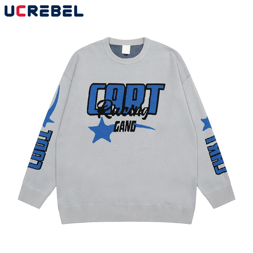 

Осенний жаккардовый свитер с длинным рукавом и надписью, Мужская Уличная одежда, Свободный пуловер с круглым вырезом, мужская вязаная одежда