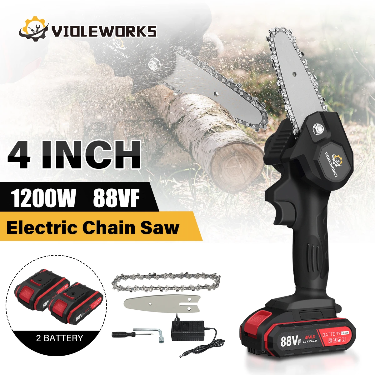 

4 Inch 88VF 1080W Mini Electric Saw Chain Saw With 1/2 Battery Rechargeable One-handed Woodworking Pruning Garden Tool EU Plug